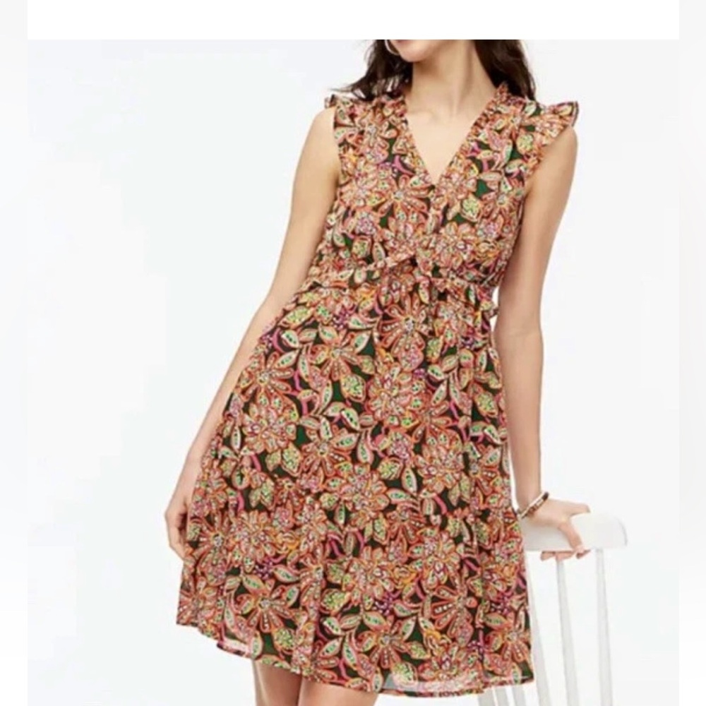 J. CREW Ruffle V-Neck Mini Dress Tropical Floral Print Size 2